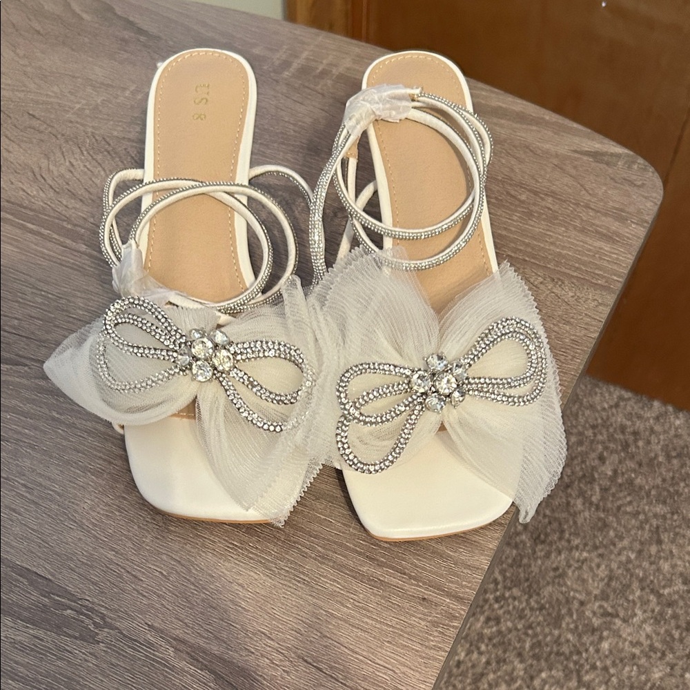 Perphy Elegant White Strappy Sandals with Rhinestone Bow